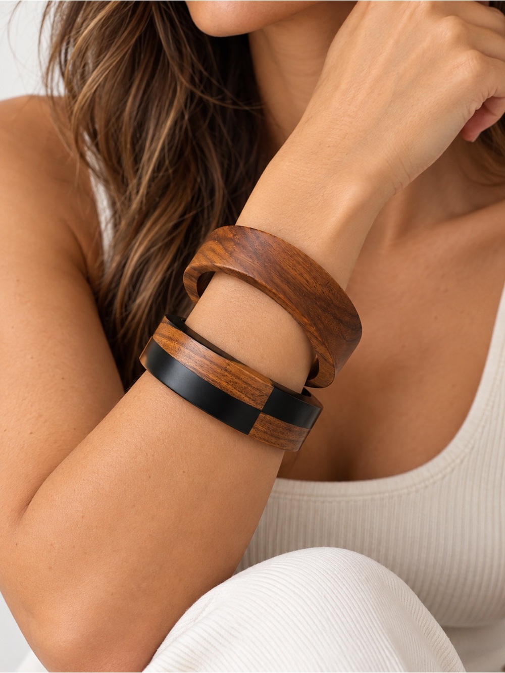 Boho Eco-Friendly Wooden Cuff Bracelet Set | Natural Wood & Black Stained wood